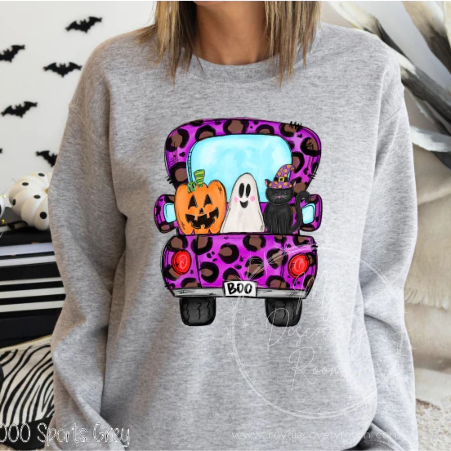 Whimsical Truck Bed With Pumpkin, Ghost, & Cat Graphic Tee