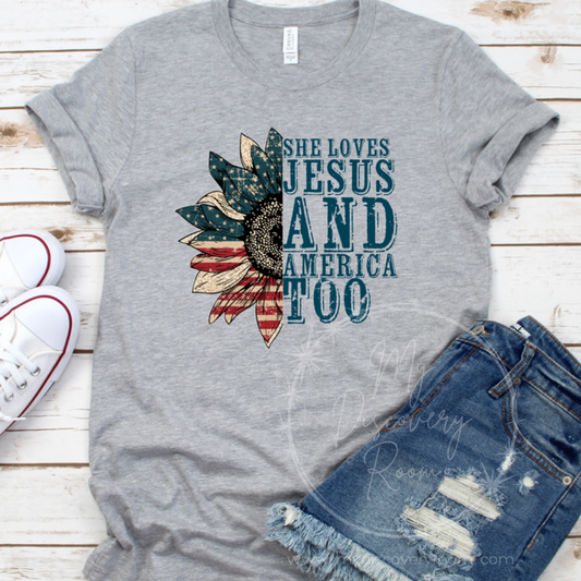 She Loves Jesus And America Too Sunflower Flag Graphic Tee