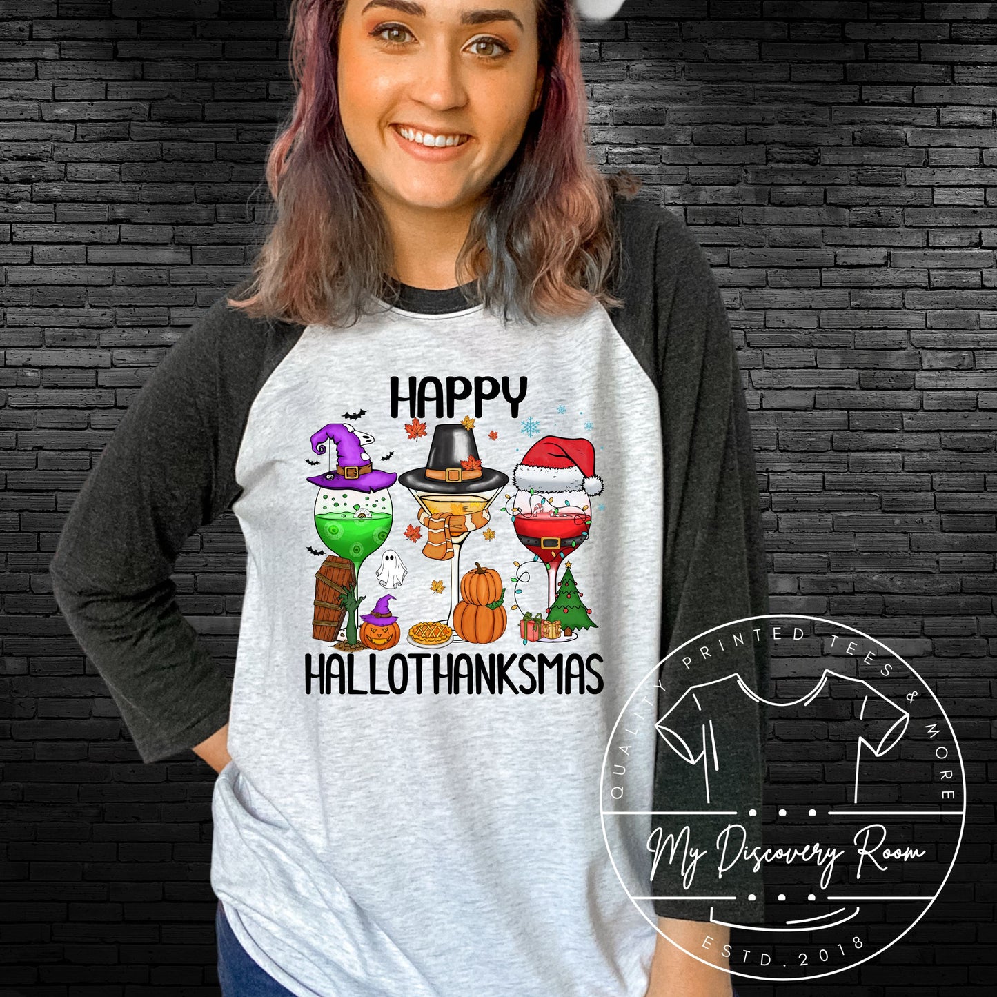 Happy HalloThanksMas Wine Glasses Graphic Tee