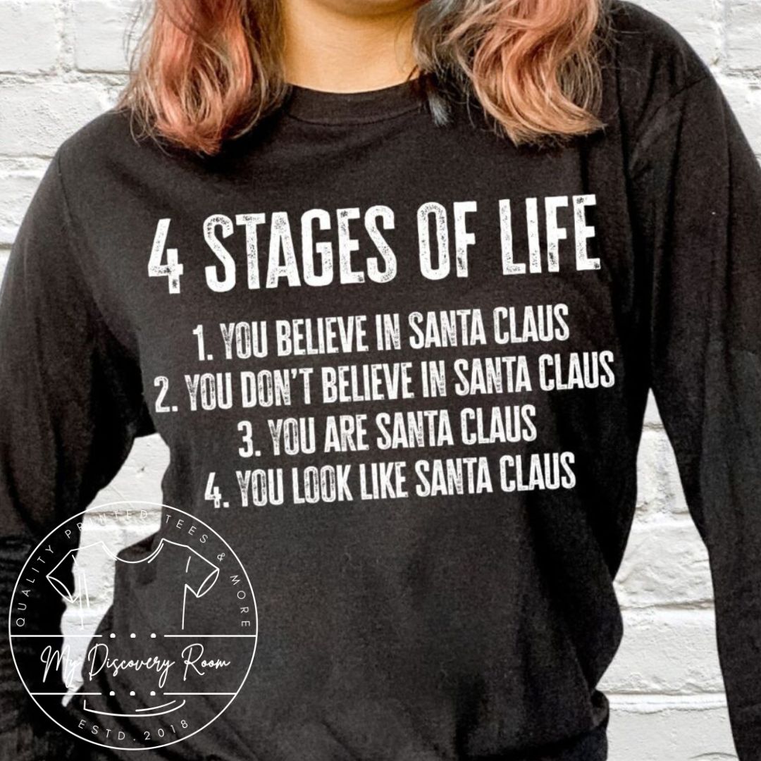 4 stages of life, you believe in Santa Claus, you don’t believe in Santa Clause, you are Santa Clause, you look like Santa Clause. Graphic Tee - MyDiscoveryRoom