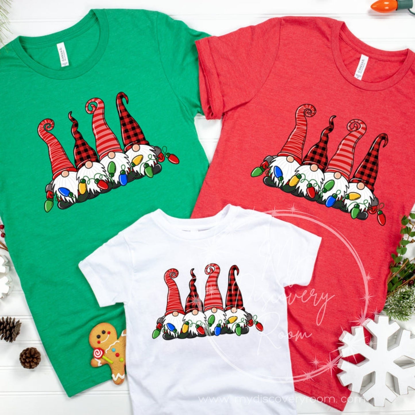 Four Christmas Gnomes With Lights Graphic Tee