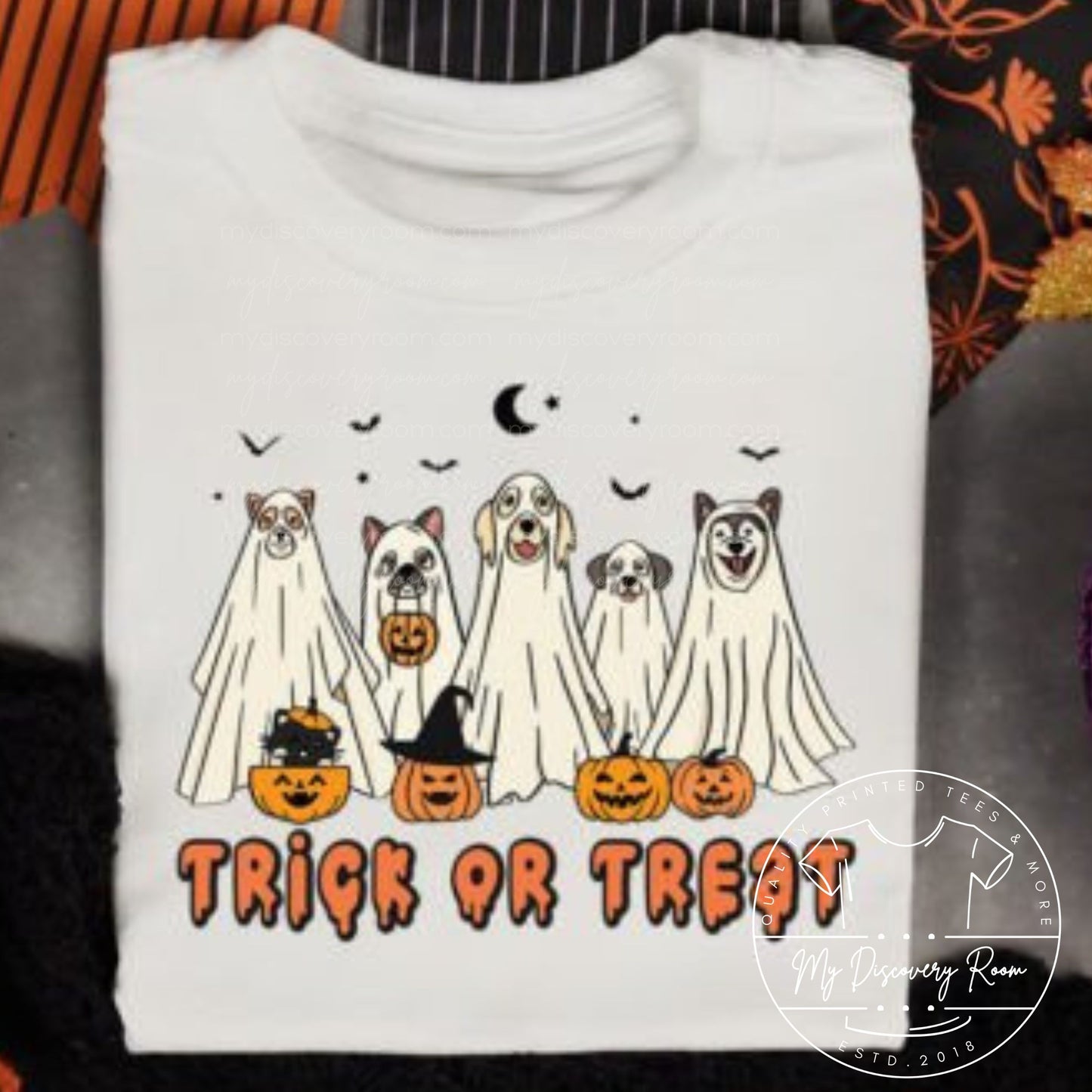 Trick Or Treat Dogs as Ghosts Graphic Tee