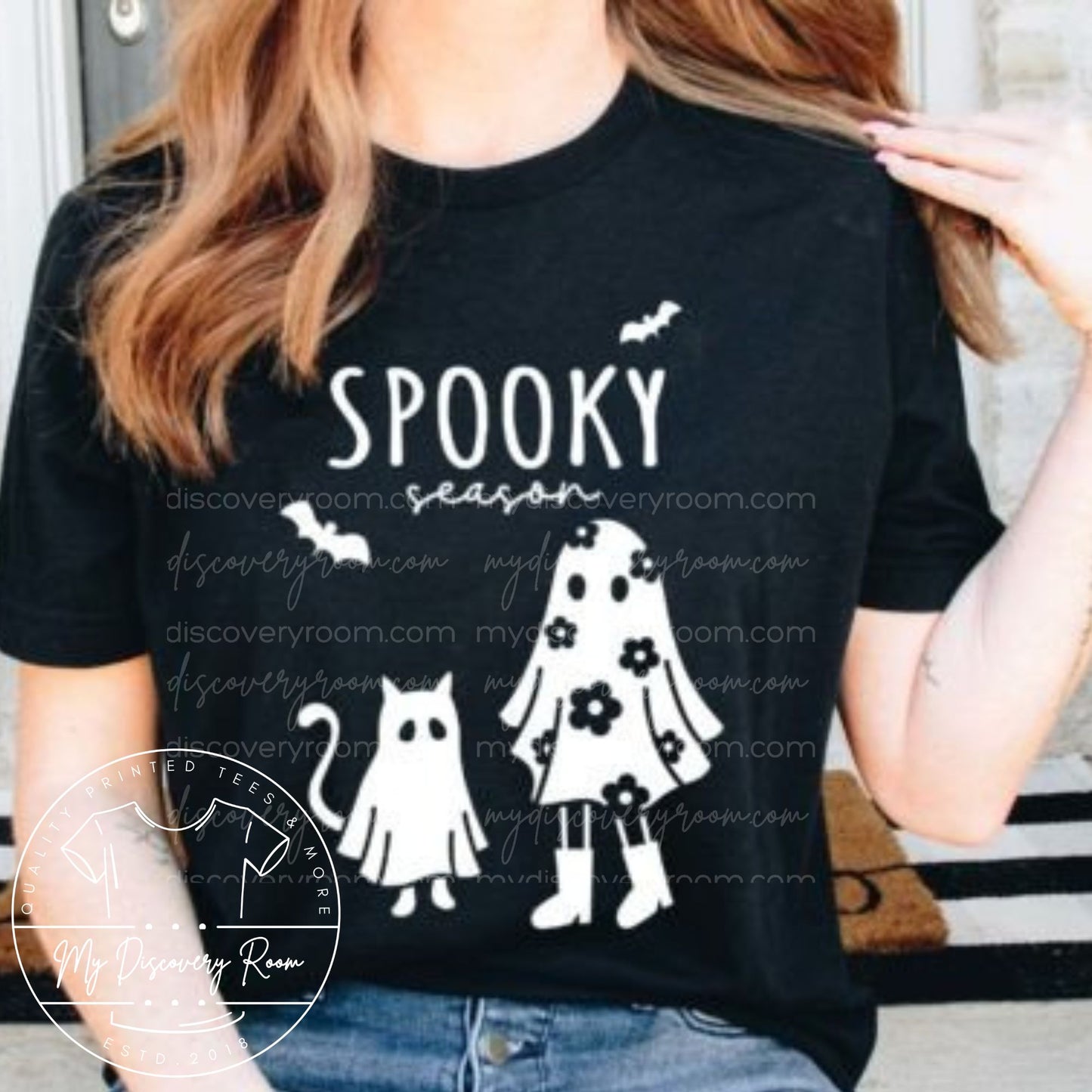 Spooky Season With Ghost Cat & Girl Graphic Tee