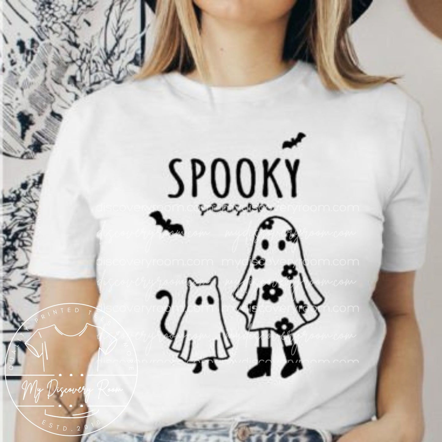 Spooky Season With Ghost Cat & Girl Graphic Tee