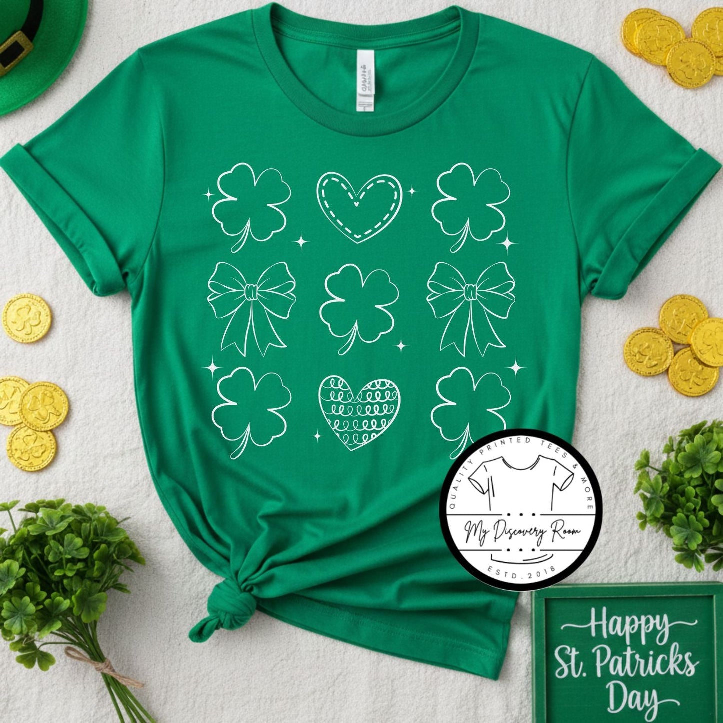 Coquette Bows and Shamrocks St. Patrick’s Day Graphic Tee - MyDiscoveryRoom
