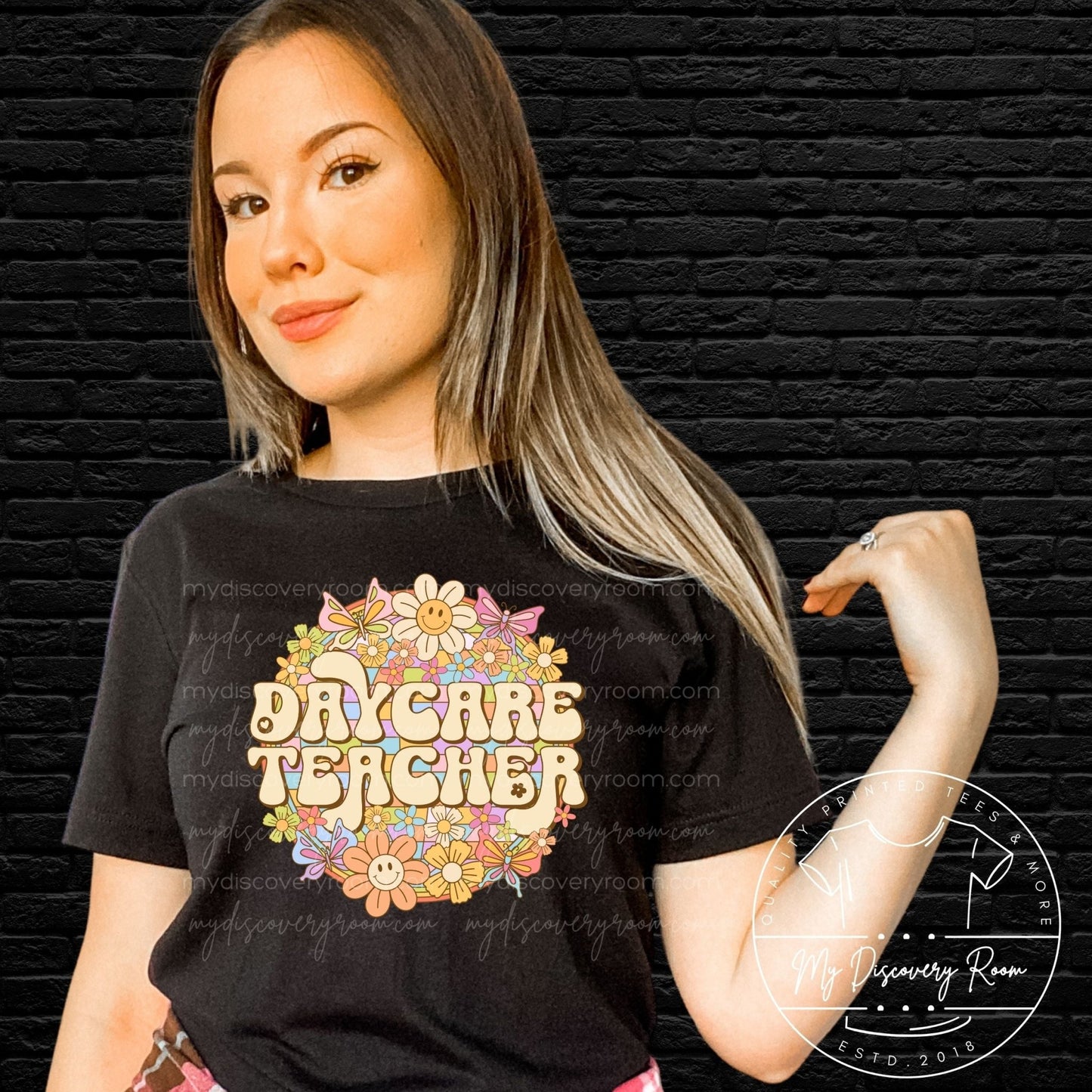 Daycare Teacher with Floral Background Graphic Tee - MyDiscoveryRoom