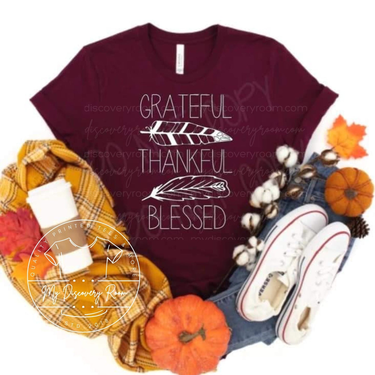 Grateful Thankful Blessed With Feathers Graphic Tee - MyDiscoveryRoom