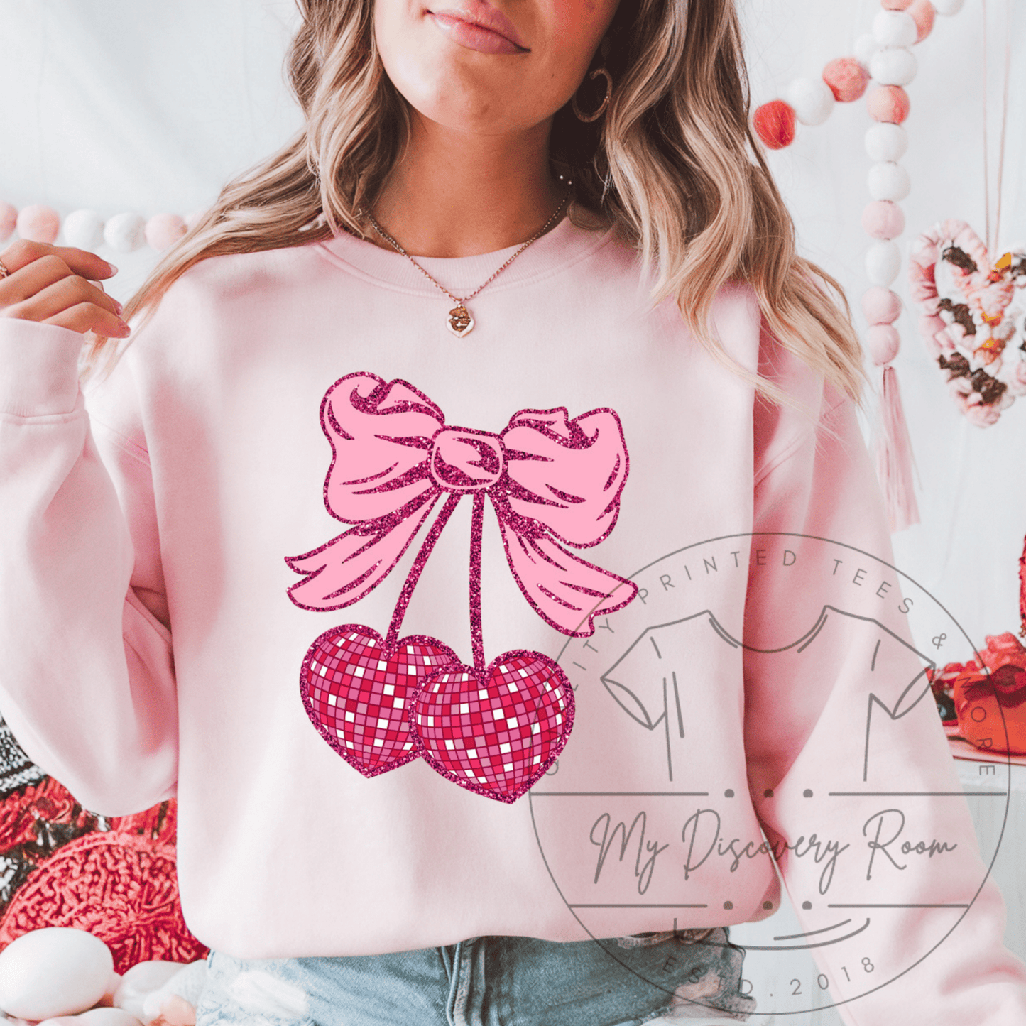 Heart Shaped Disco Cherries W/ Bow Graphic Tee - MyDiscoveryRoom