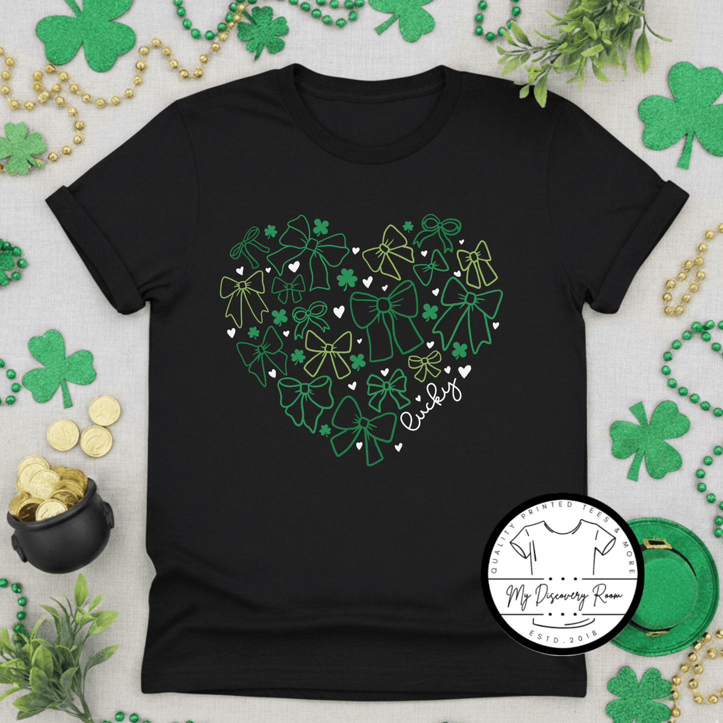 Lucky Heart with Bows and Shamrocks Graphic Tee - MyDiscoveryRoom
