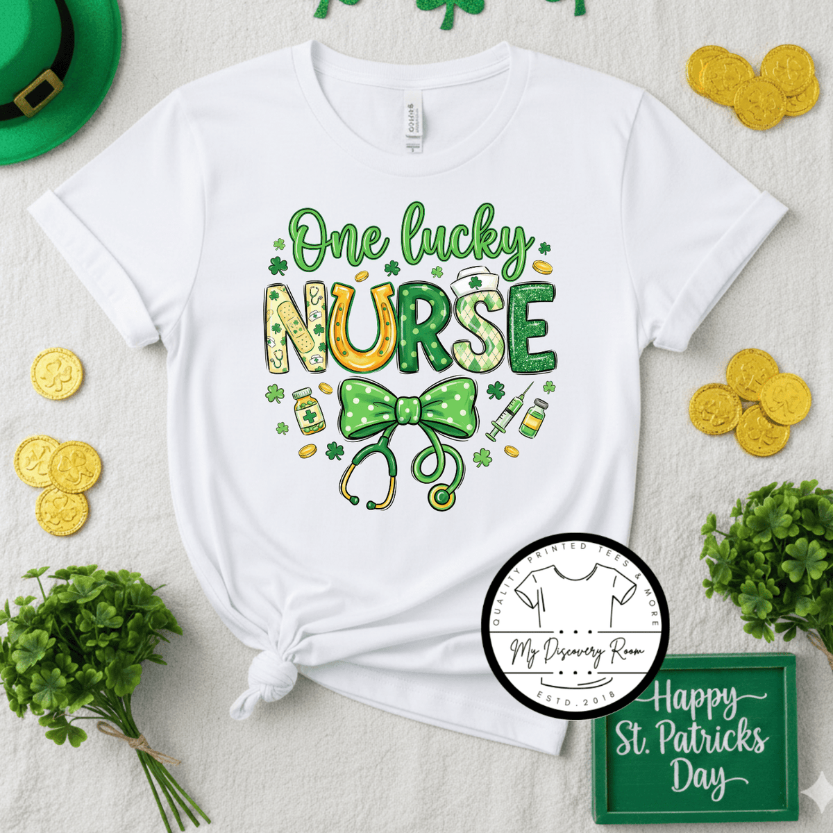 One Lucky Nurse with Bows Graphic Tee - MyDiscoveryRoom
