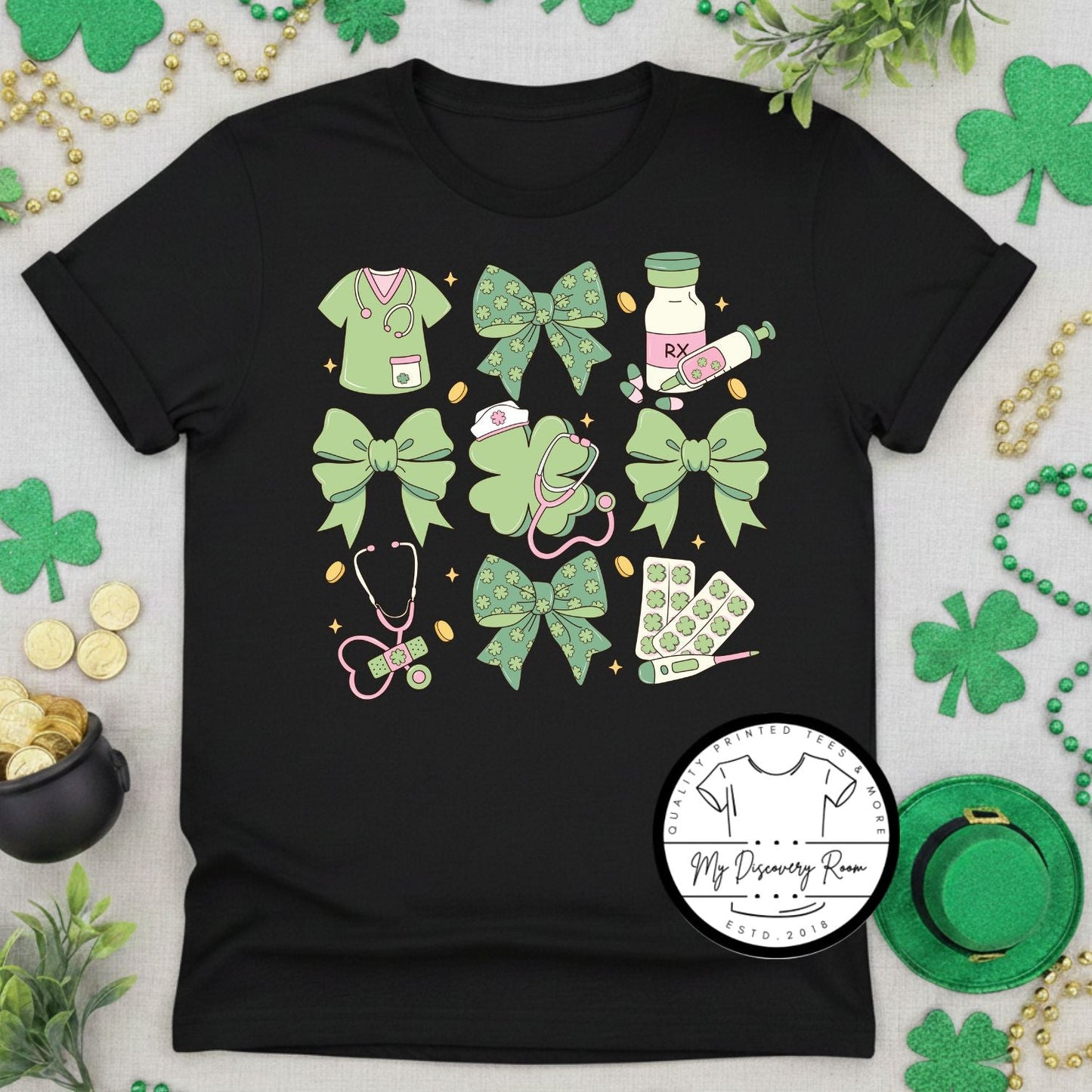 Stethoscopes and Coquette Bows St. Patrick’s Day Graphic Tee - MyDiscoveryRoom