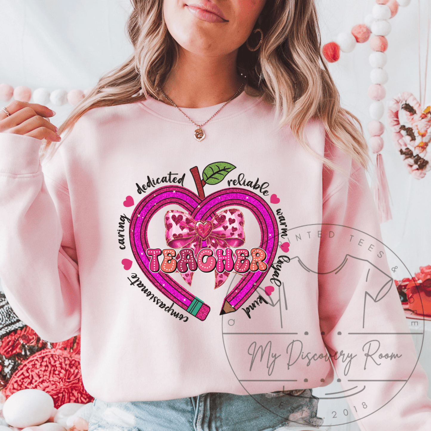 Teacher, Heart Shaped Pencil & Bow Graphic Tee - MyDiscoveryRoom