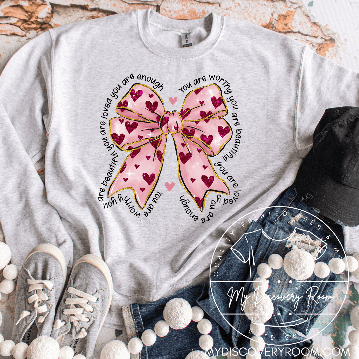 You Are Loved, Beautiful, Enough Bow With Hearts Graphic Tee - MyDiscoveryRoom