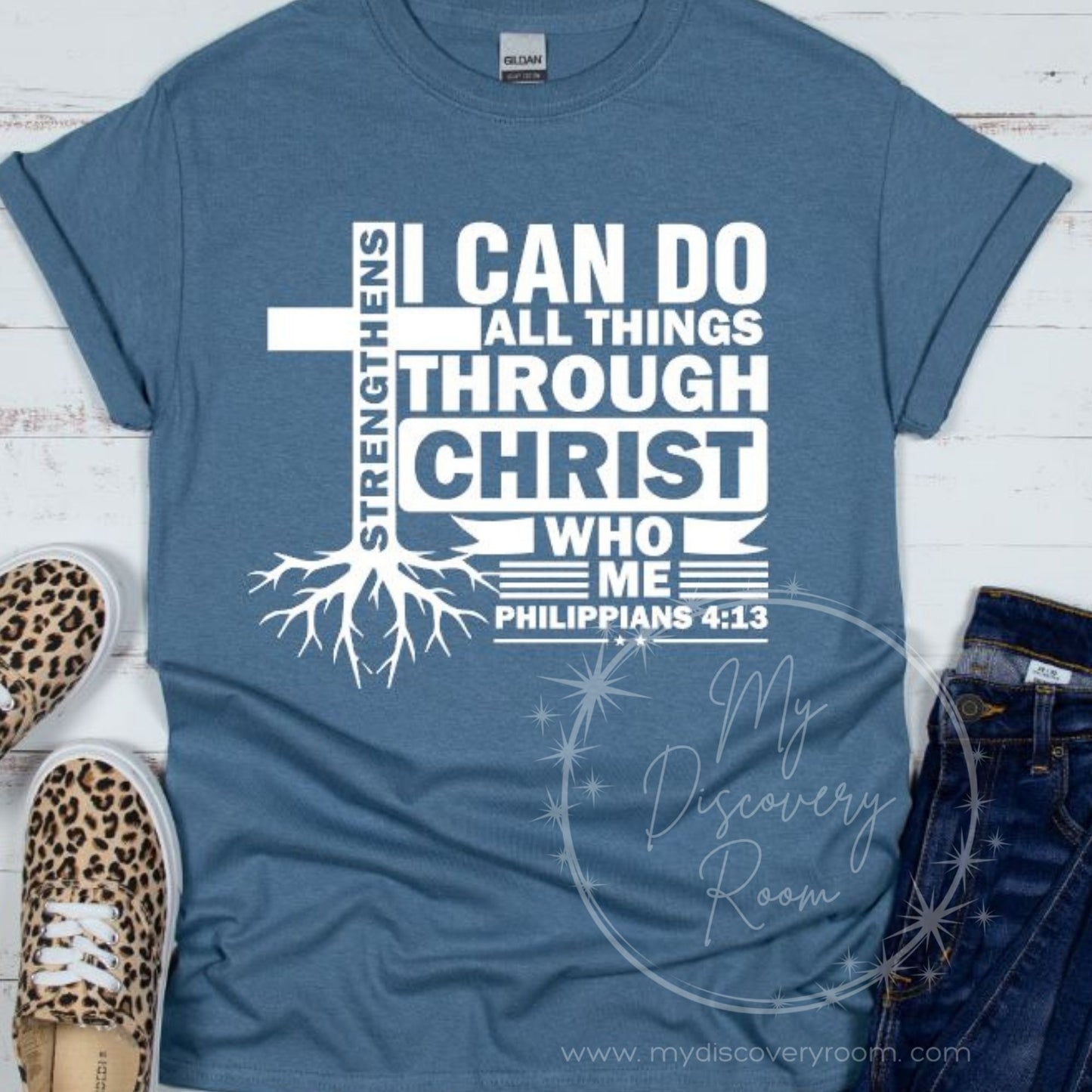 I Can Do All Things Through Christ Cross w/Roots Philippians 4:13 Graphic Tee