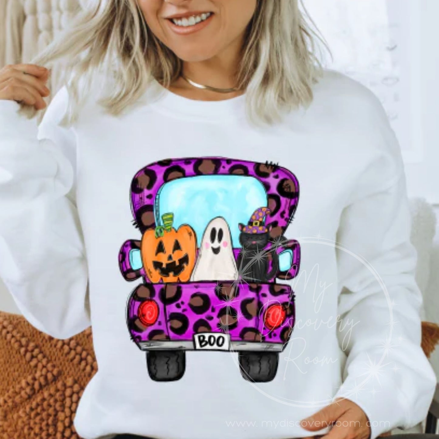 Whimsical Truck Bed With Pumpkin, Ghost, & Cat Graphic Tee