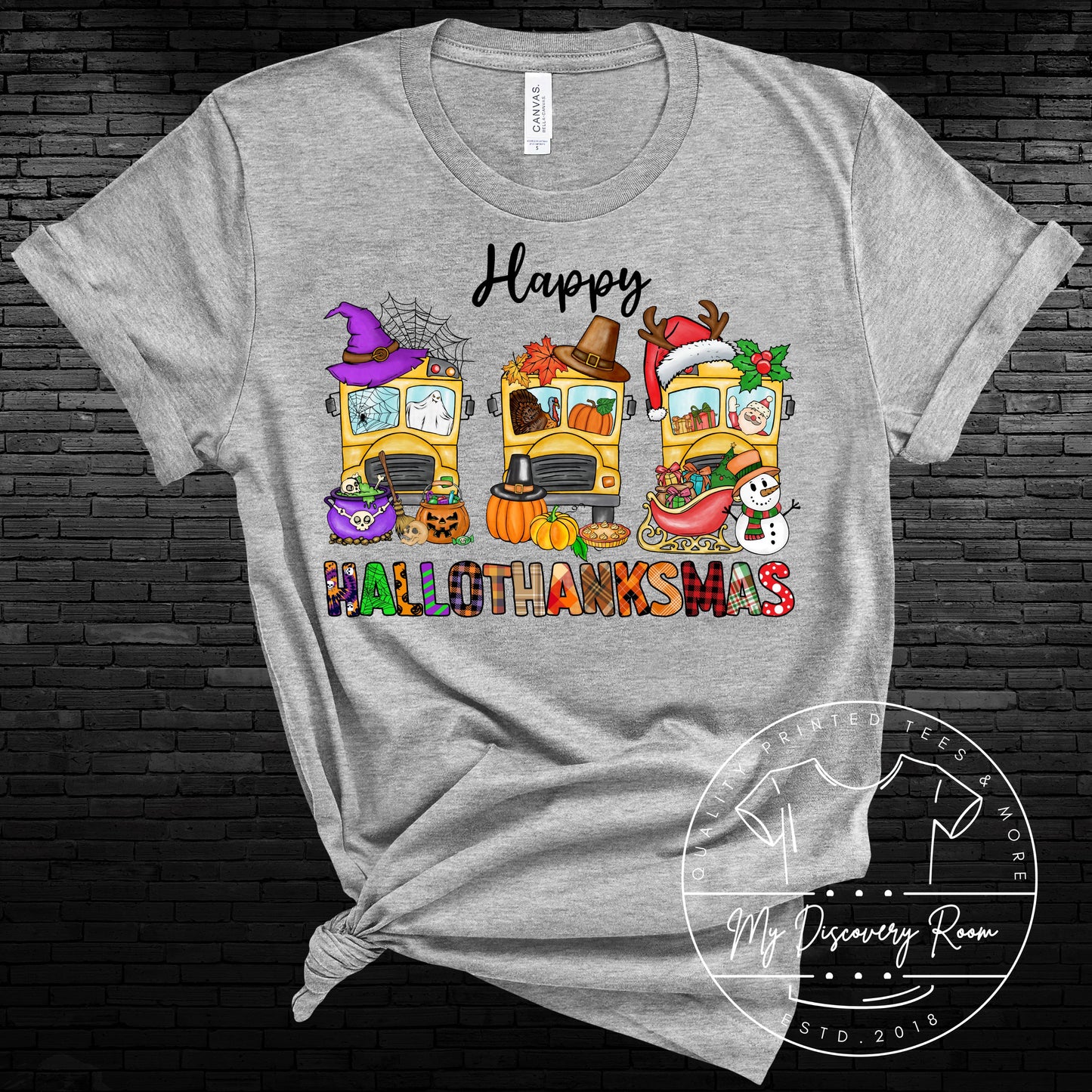 Happy HalloThanksMas School Buses Graphic Tee