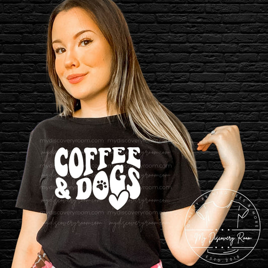 Coffee & Dogs Retro Wavy Font Graphic Tee - MyDiscoveryRoom