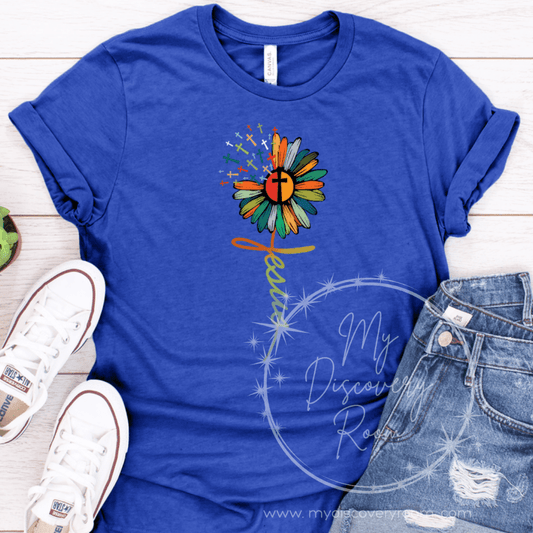 Colorful Sunflower With Jesus Stem Graphic Tee - MyDiscoveryRoom