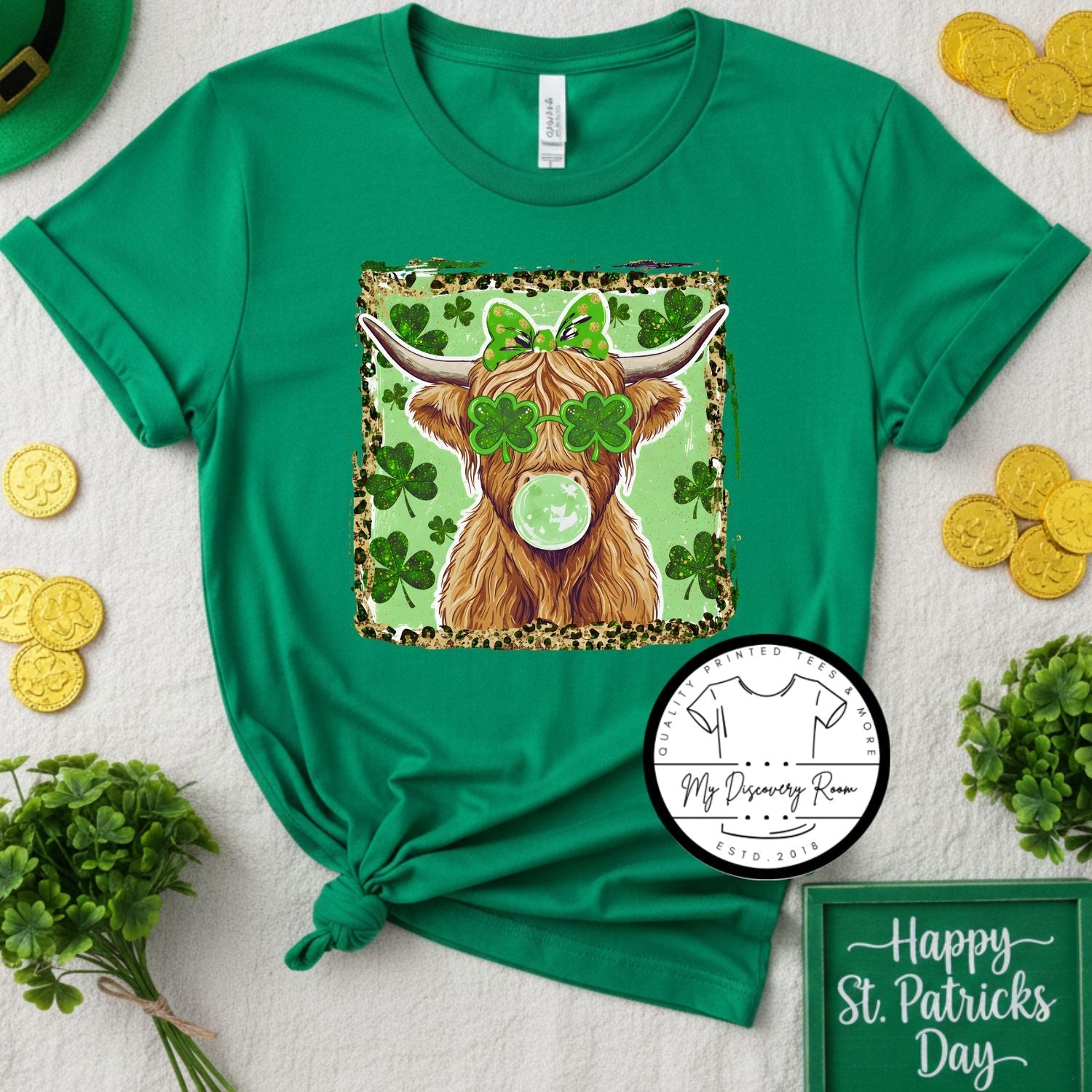 Cow Blowing Bubble with Shamrocks Graphic Tee - MyDiscoveryRoom