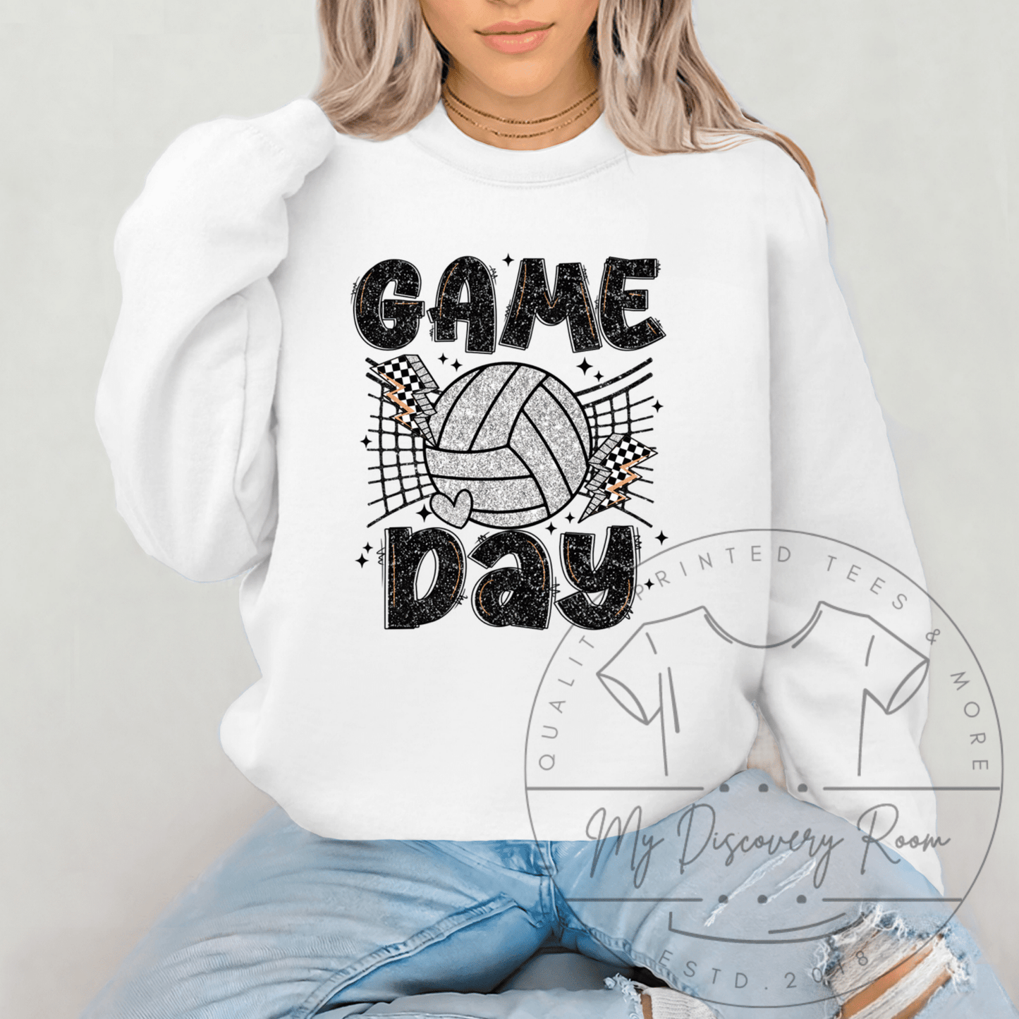 Faux Glitter Game Day Silver Volleyball Graphic Tee - MyDiscoveryRoom