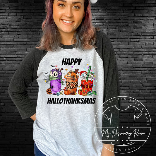 Happy HalloThanksMas Coffee Cups Graphic Tee - MyDiscoveryRoom
