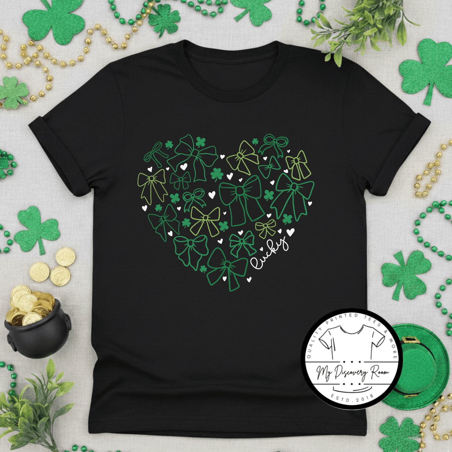 Lucky Heart with Bows and Shamrocks Graphic Tee - MyDiscoveryRoom