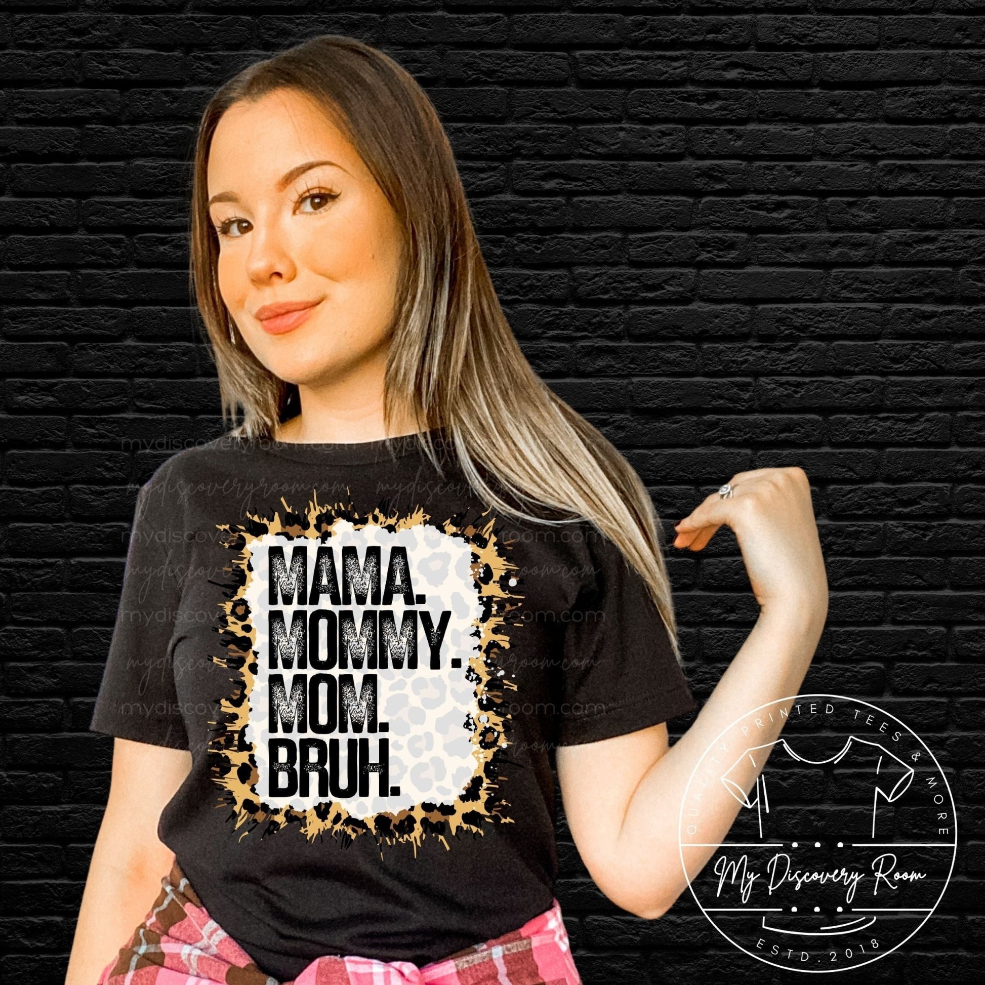 Mama. Mommy. Mom. Bruh. With Leopard Background Graphic Tee - MyDiscoveryRoom