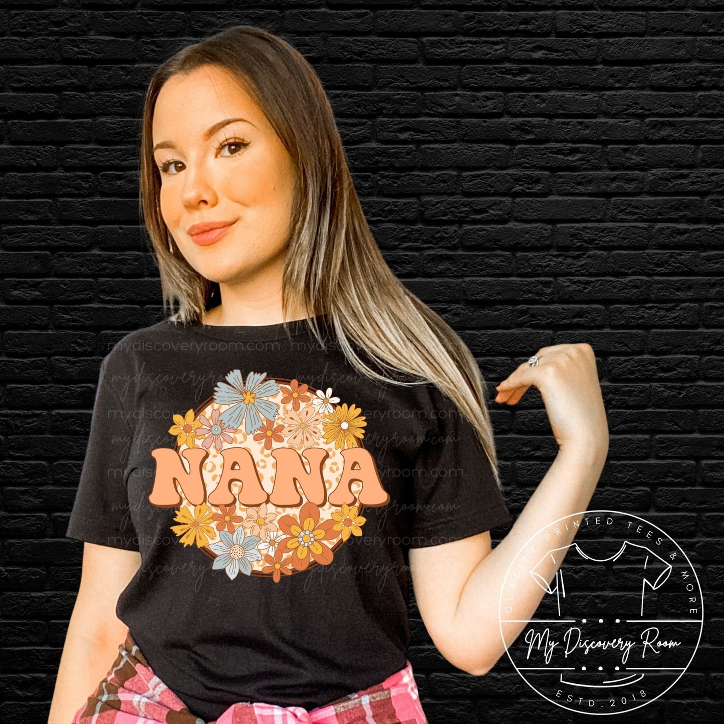 Nana With Floral Background Graphic Tee - MyDiscoveryRoom