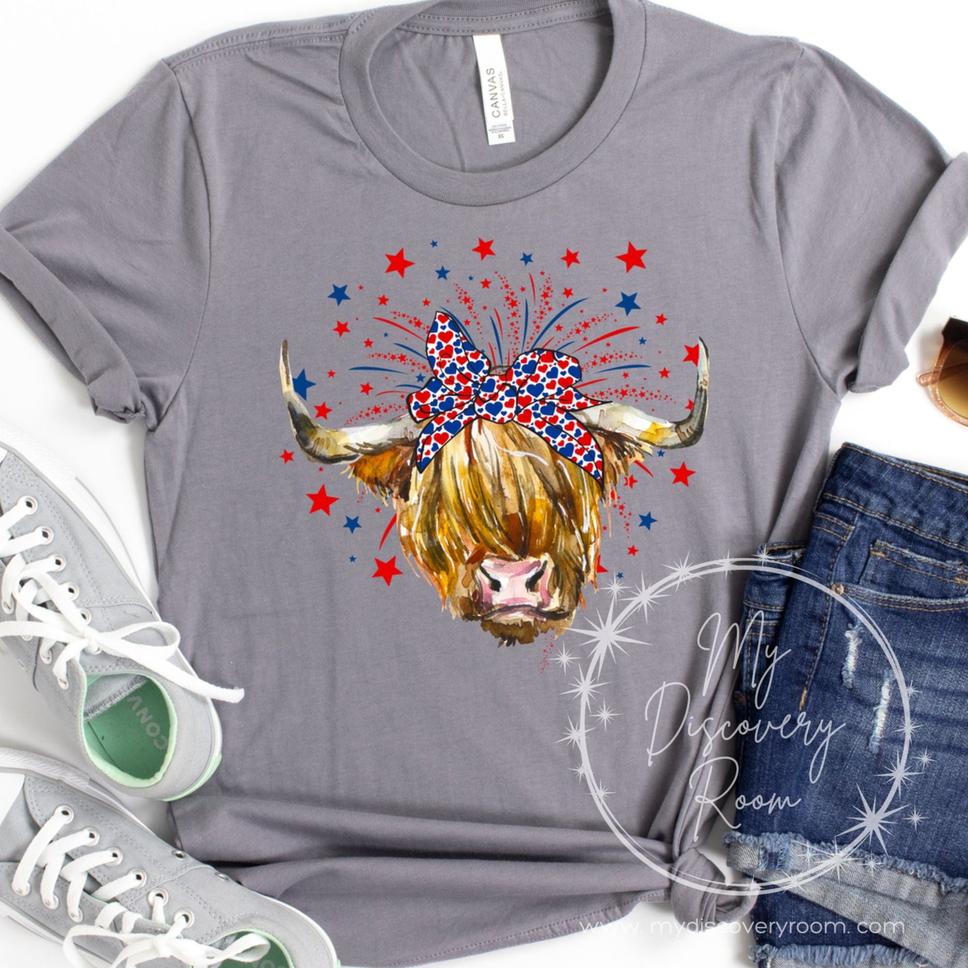Patriotic Highland Cow Graphic Tee - MyDiscoveryRoom