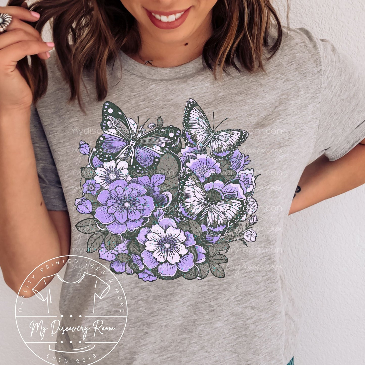 Purple and Gray Flowers And Butterflies Graphic Tee - MyDiscoveryRoom