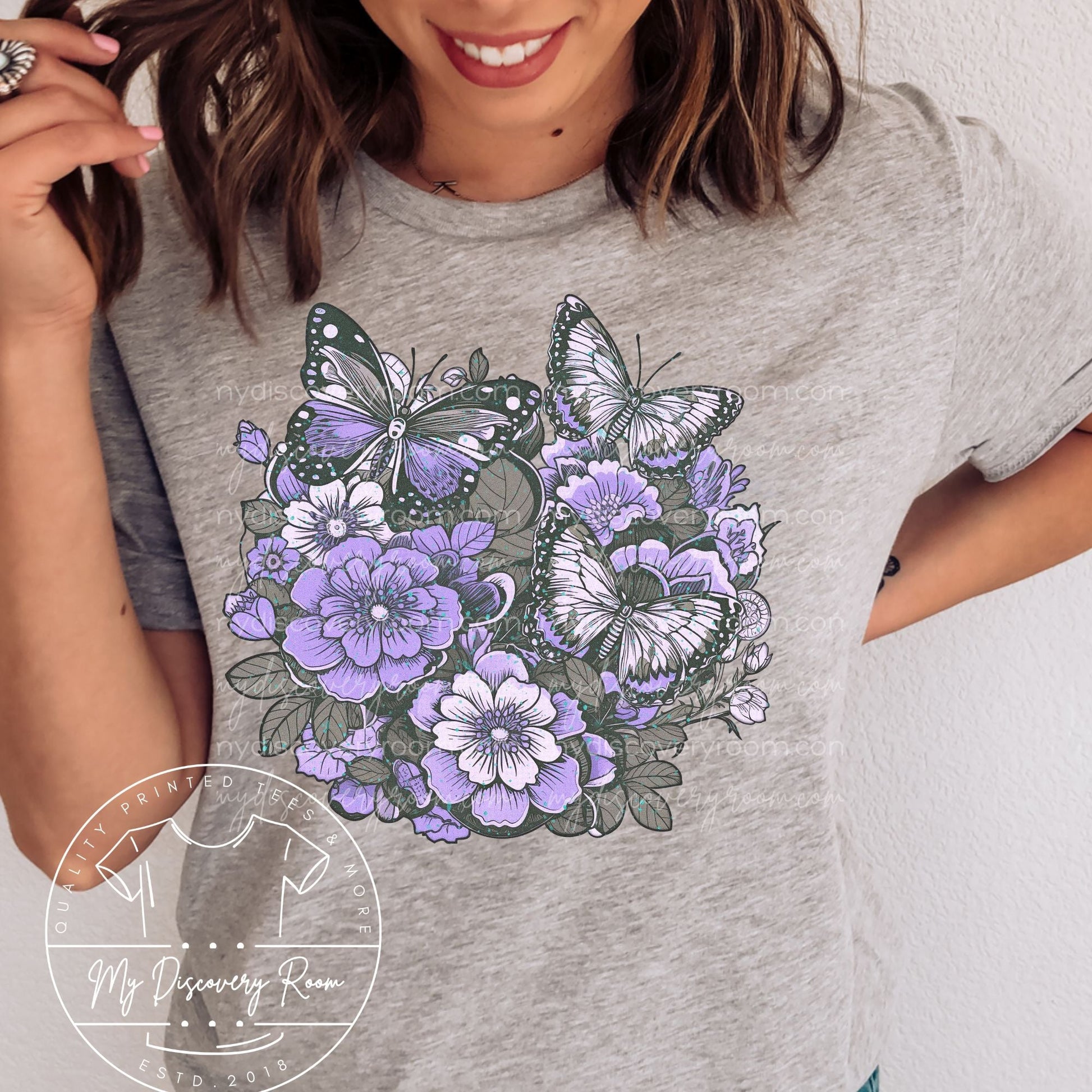 Purple and Gray Flowers And Butterflies Graphic Tee - MyDiscoveryRoom