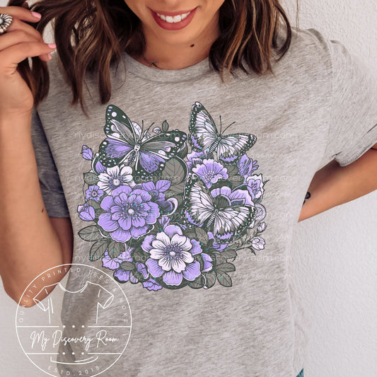 Purple and Gray Flowers And Butterflies Graphic Tee - MyDiscoveryRoom