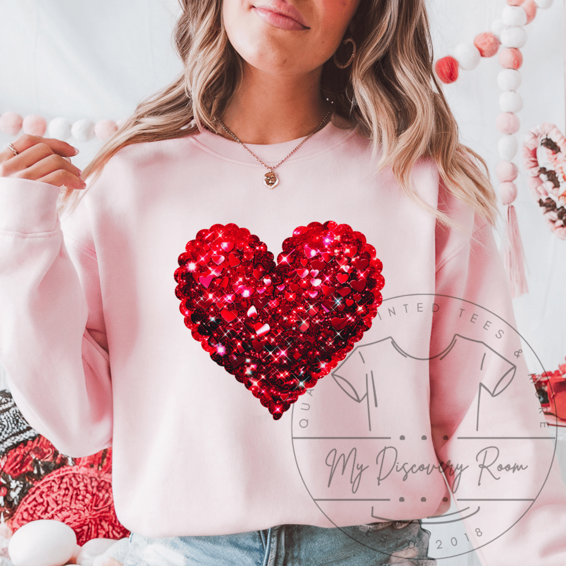 Red Heart Made Of Hearts W/ Faux Bling Graphic Tee - MyDiscoveryRoom