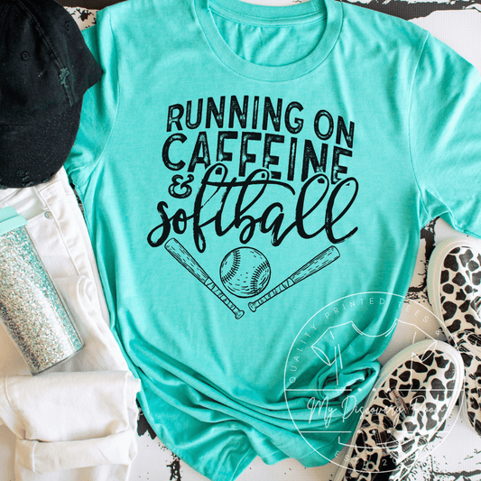 Running On Caffeine And Softball Sports Graphic Tee - MyDiscoveryRoom