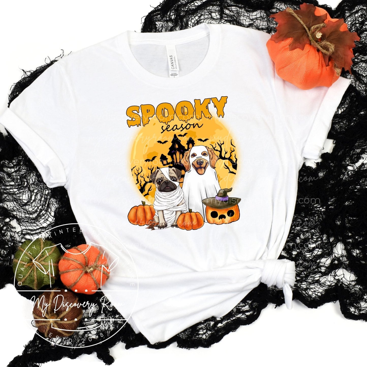 Spooky Season with Ghost Dogs Adult Size Graphic Tee - MyDiscoveryRoom