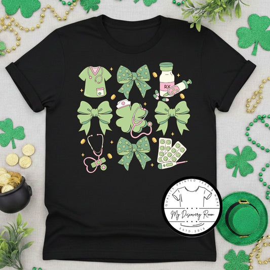 Stethoscopes and Coquette Bows St. Patrick’s Day Graphic Tee - MyDiscoveryRoom