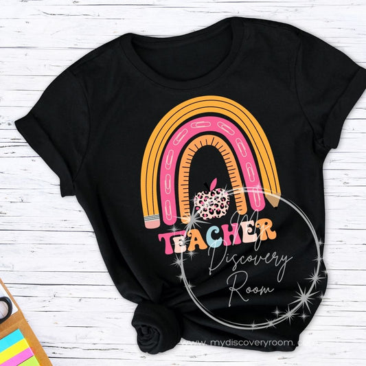 Teacher Rainbow with Leopard Apple Graphic Tee - MyDiscoveryRoom