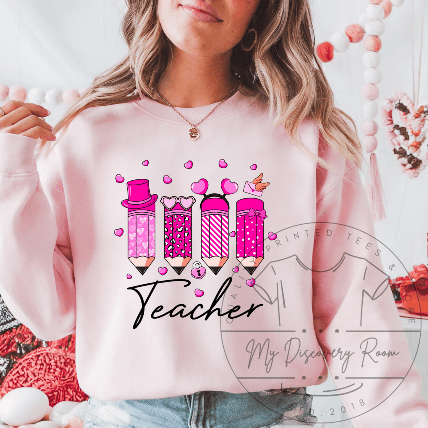 Teacher W/Pink Valentine Pencils Graphic Tee - MyDiscoveryRoom