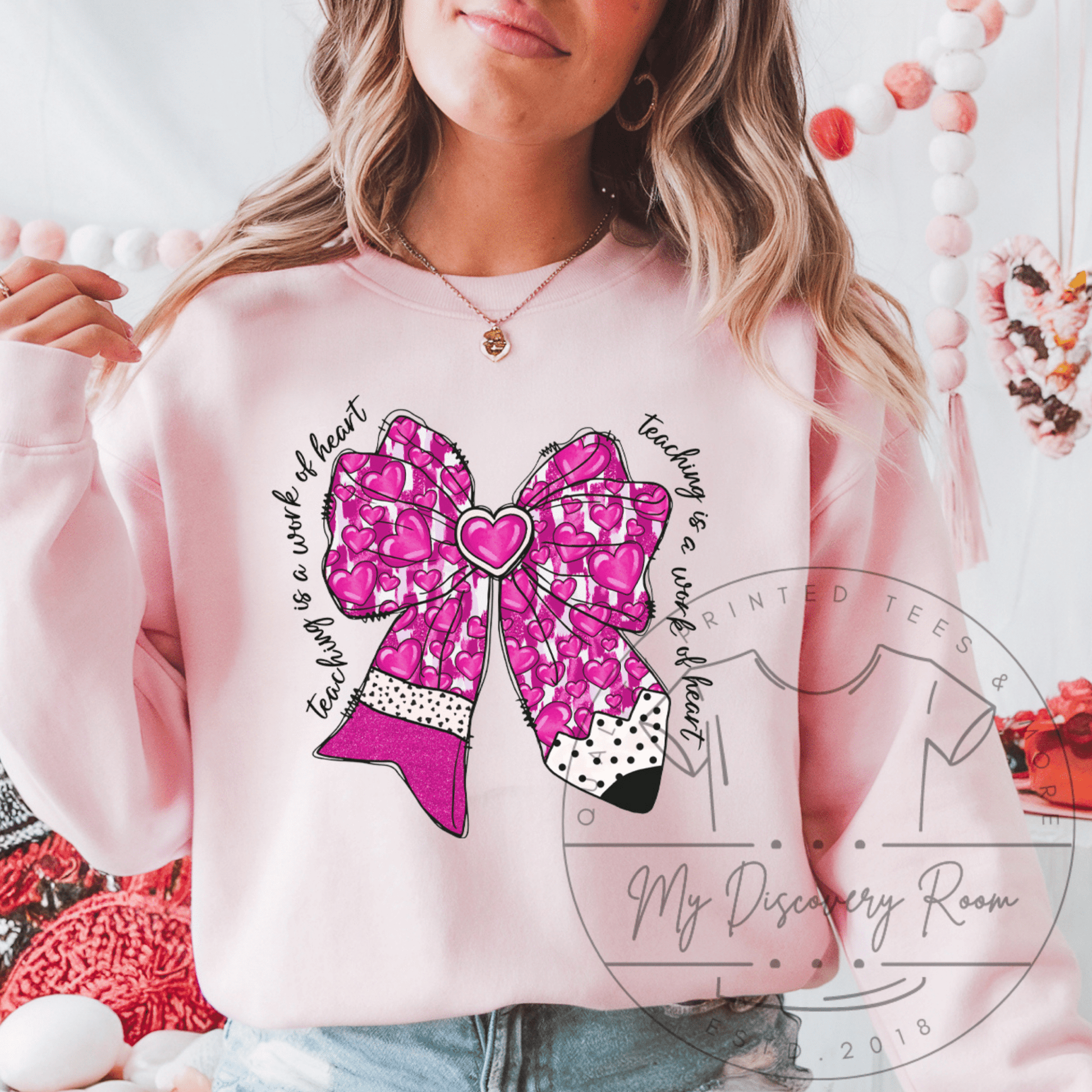 Teaching Is A Work Of Heart Pencil Bow W/ Hearts Graphic Tee - MyDiscoveryRoom