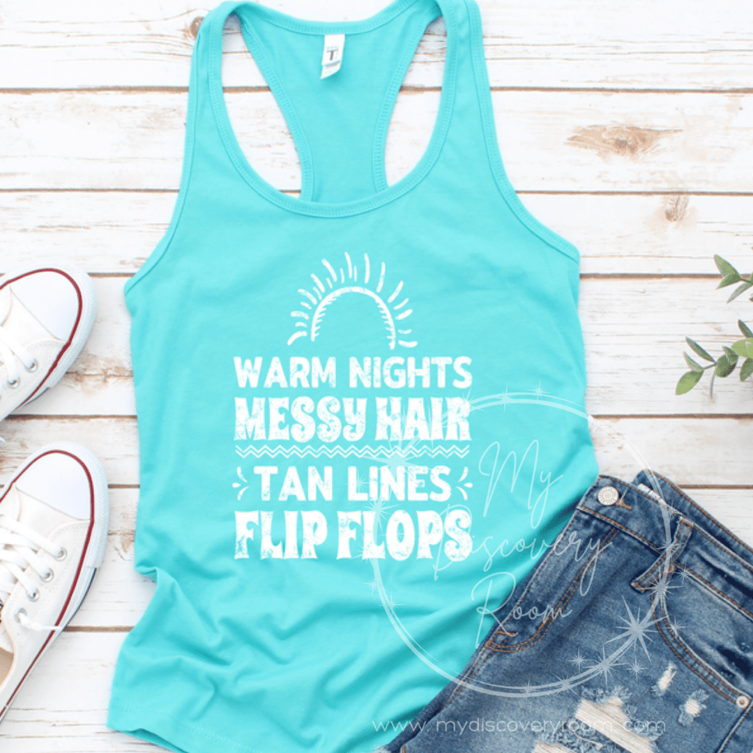 Warm Nights Messy Hair Tan Lines Flip Flops Graphic Tee - MyDiscoveryRoom