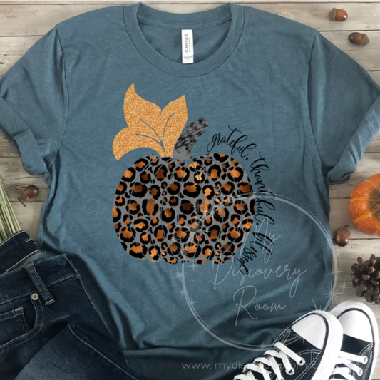 Grateful Thankful Blessed Leopard Pumpkin Graphic Tee